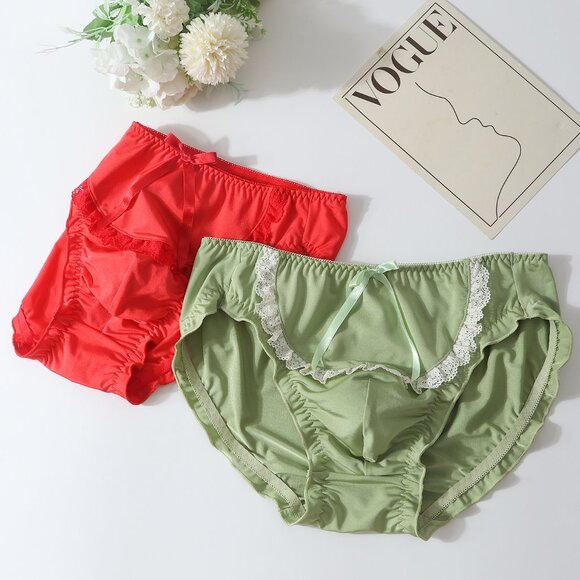 Sissy Green Cotton Panties for Men, Femboy Panty with Bow, Set of 2 - Picture 5 of 6